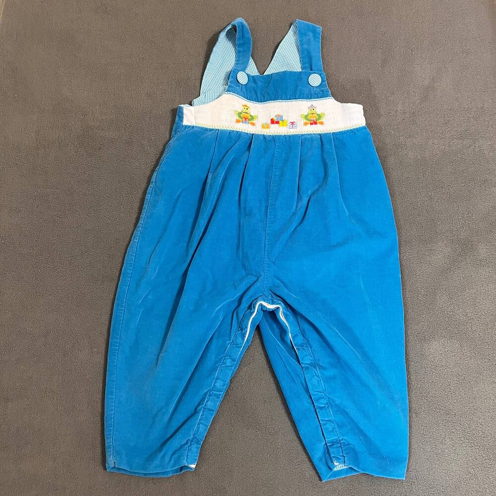 Beaux et Belles Romper Size 3 Blue Corduroy Frog Embroidered Smocked Cottagecore